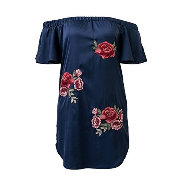 Off Shoulder Floral Print Navy Blue Mini Dress - Picture 5 of 8